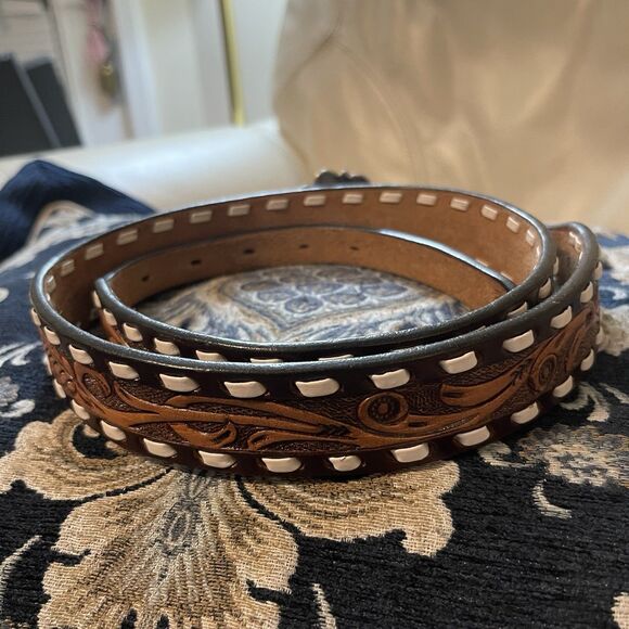 Angel Ranch Western Tooled Leather Womens Belt Rhinestone Size L Turquoise Brown - Picture 5 of 13